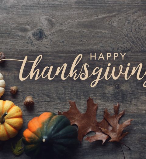 Happy Thanksgiving greeting text with colorful pumpkins, squash